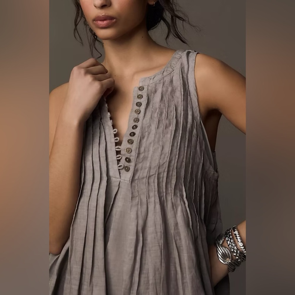 Sleeveless Taupe Mini Dress with Pintuck Detail - Picture 3 of 12